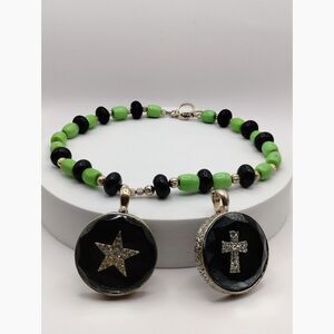 Vintage Glass Beaded Necklace and 2 Pendants with Images of Star and Cross